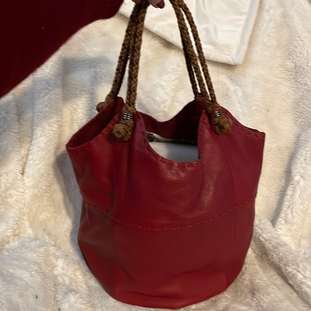 The Sak Genuine Leather/Bucket Bag/ color dark red with brown handles